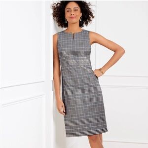 Talbots Lake Glen Plaid Sleeveless Sheath Dress Grey Ivory 10 Split Neck Lined